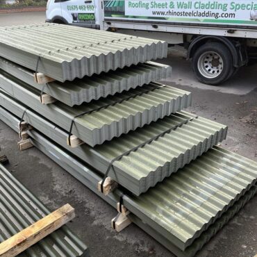 Olive Green PVC Plastisol Coated Scintilla Finish Corrugated 3” Profile Roofing Sheets. Packs of 6ft 6inch, 8ft, 10ft and 12ft lengths.
