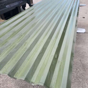 Very Cheap 8ft (2.44m) Olive Green PVC Plastisol Coated Galvanised Steel Box Profile 26/1000 Roofing Sheets, 0.5mm Gauge, 1m cover width once fitted